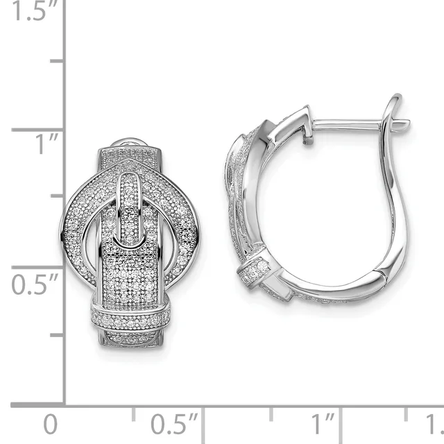 A pair of silver hoop earrings with pave diamond settings, shown front and side view against a measurement scale indicating approximately one inch in height.