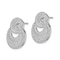 Pair of silver-toned oval drop earrings with pave cubic zirconia stones covering the surface, shown on posts against a white background.