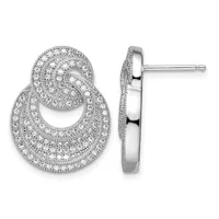 Pair of silver stud earrings with double oval frames featuring pave diamond settings, shown from front and side views.