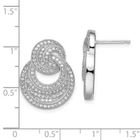 Silver interlocking circular stud earrings paved with small diamonds, shown front and side view against a measurement scale.