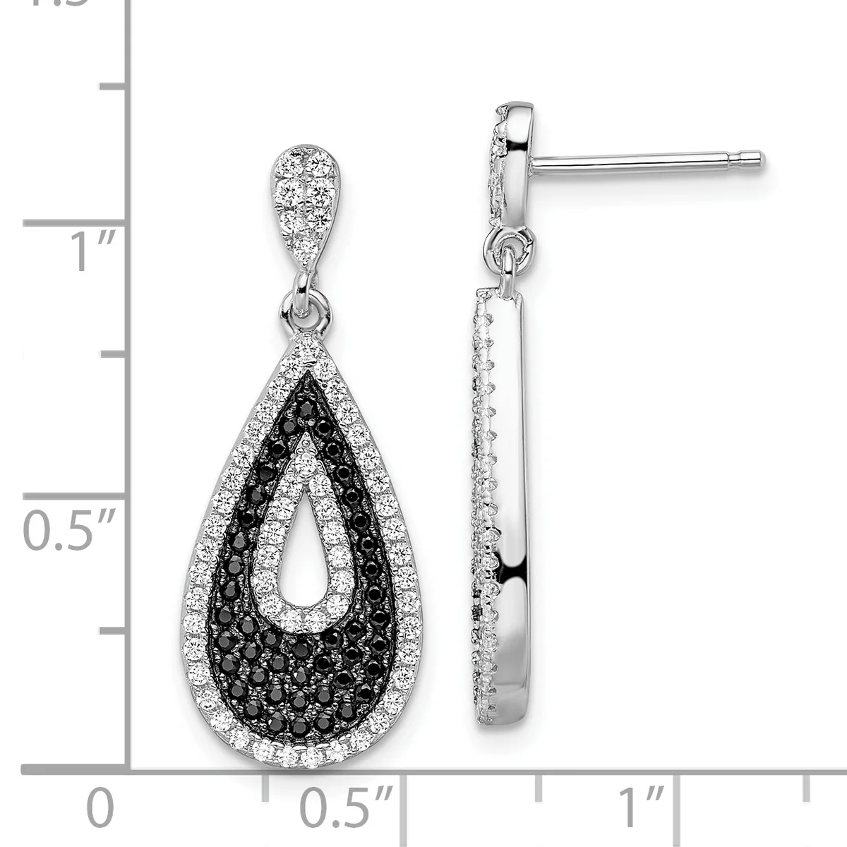Pair of sterling silver teardrop dangle earrings with black and white diamonds, shown front and back against a measurement scale.