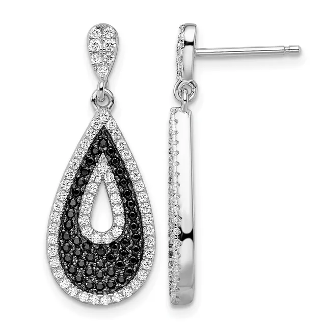 Pair of silver teardrop earrings with black and white diamonds set in a nested design, shown from front and side views.