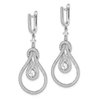 A pair of silver teardrop dangle earrings with cubic zirconia stones arranged in nested loops and featuring round-cut stones suspended within, shown from the front.
