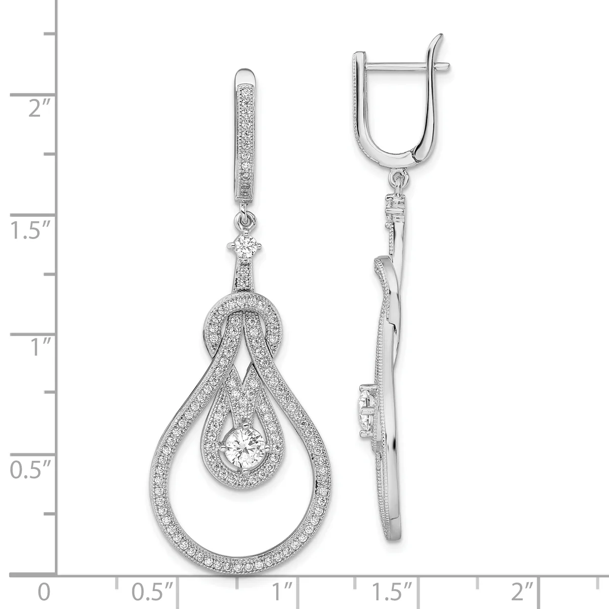 Silver teardrop dangle earrings with pave diamonds throughout, featuring a smaller teardrop suspended within a larger teardrop outline, shown front and side view against a measurement scale.