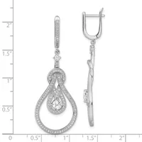 Silver teardrop dangle earrings with pave diamonds throughout, featuring a smaller teardrop suspended within a larger teardrop outline, shown front and side view against a measurement scale.
