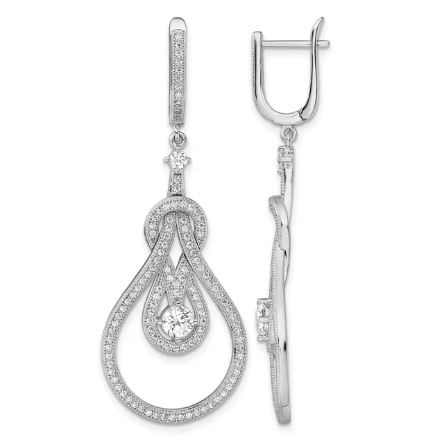 Pair of silver teardrop dangle earrings with pave-set diamonds throughout and a larger round diamond suspended in the center of each pendant.