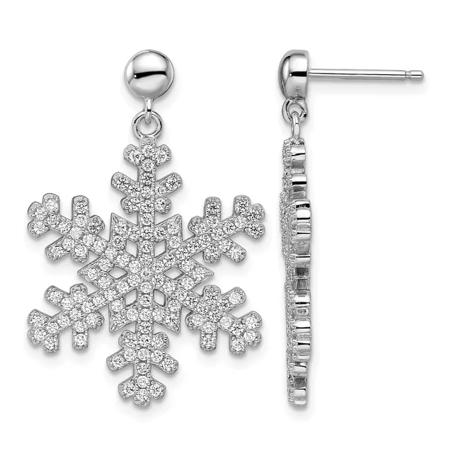 Pair of silver snowflake drop earrings with cubic zirconia stones, shown from front and side views.