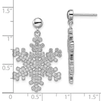 Pair of silver snowflake drop earrings with cubic zirconia stones, shown front and side view with measurement scale indicating approximately 1.5 inches in length.