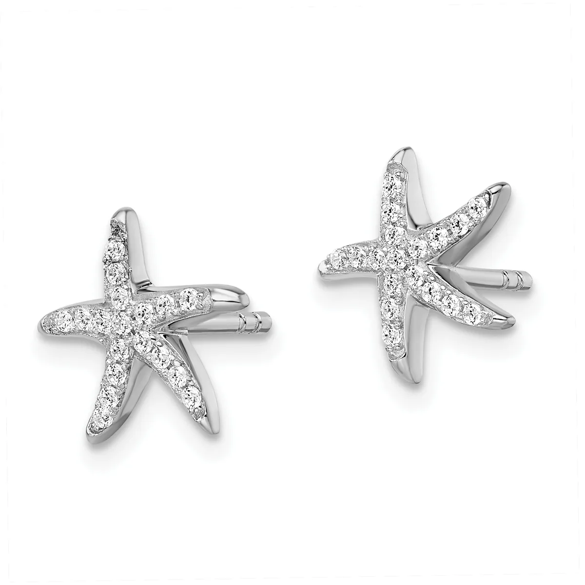 Pair of silver starfish earrings with diamond pave settings on five points, shown from front and angled views.
