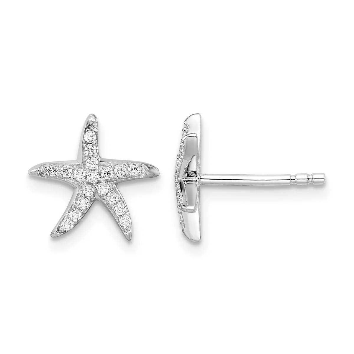 A pair of silver starfish stud earrings with cubic zirconia stones set throughout, shown from front and back views.