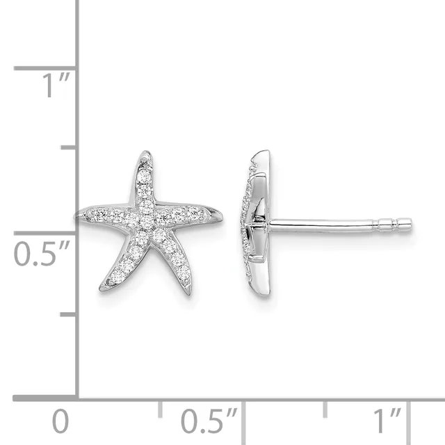 Silver starfish stud earrings with cubic zirconia stones, shown from front and side views next to a measurement ruler indicating approximately half-inch width.