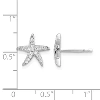 Silver starfish stud earrings with cubic zirconia stones, shown from front and side views next to a measurement ruler indicating approximately half-inch width.