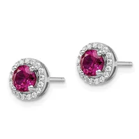 Pair of silver stud earrings with round pink tourmaline centers surrounded by small diamond halos.