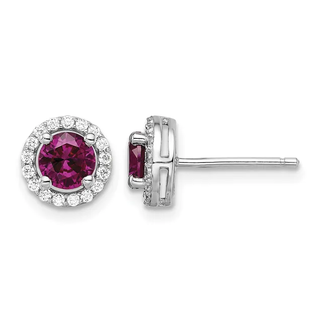 Pair of silver stud earrings with round purple gemstones surrounded by circular halos of small white diamonds, shown from front and side views.