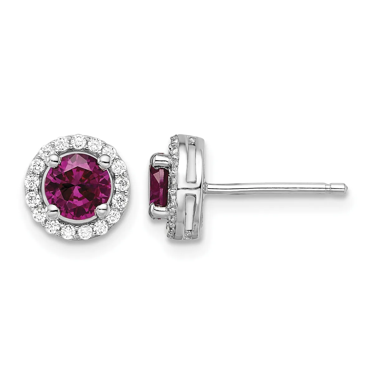 Pair of silver stud earrings with round purple gemstones surrounded by circular halos of small white diamonds, shown from front and side views.