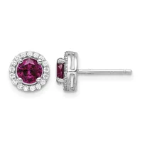 Pair of silver stud earrings with round purple gemstones surrounded by circular halos of small white diamonds, shown from front and side views.