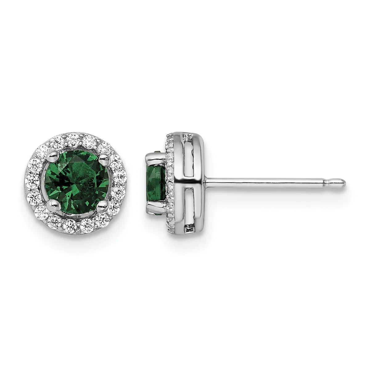 A pair of silver stud earrings with round green gemstones surrounded by small white diamonds, shown from front and side views.