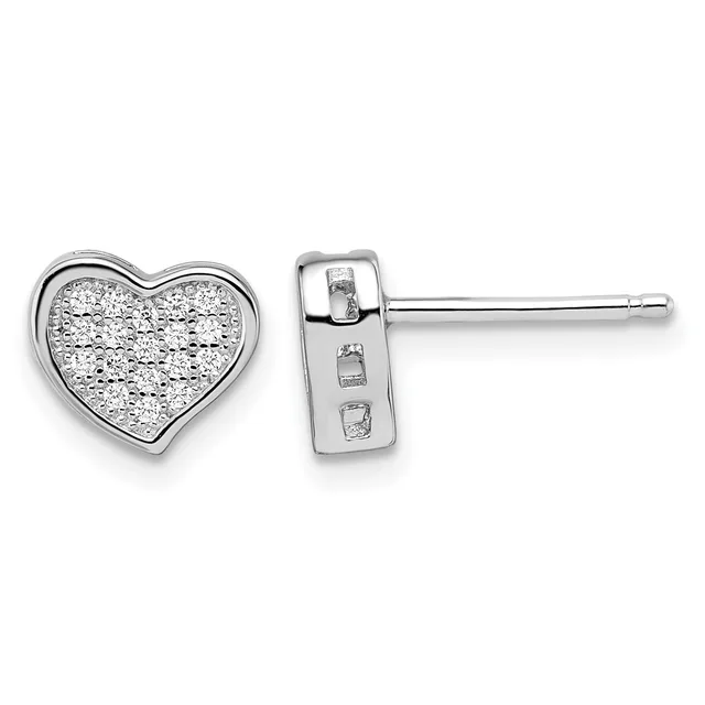 Pair of silver heart-shaped stud earrings with pave diamond settings, shown from front and side views.
