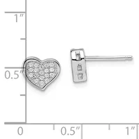 Silver heart stud earrings with textured surfaces shown next to a measurement ruler indicating approximately half an inch in height.