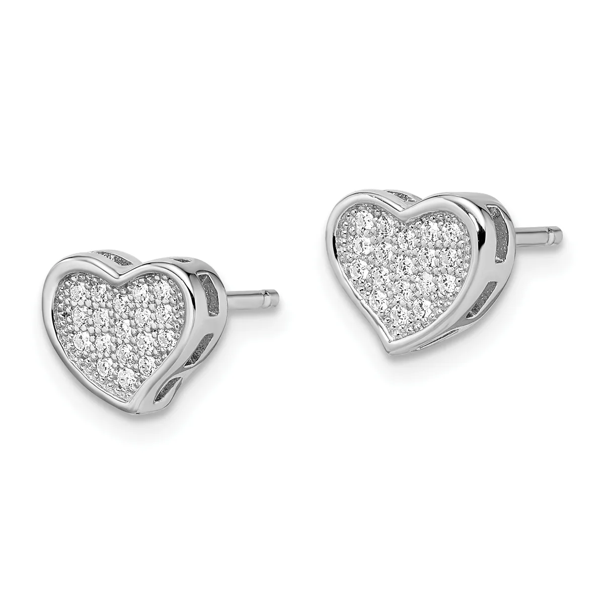 A pair of heart-shaped stud earrings in white metal filled with pavé diamonds, shown from the front.