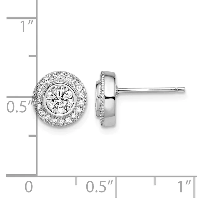 A pair of round diamond stud earrings with bezel settings surrounded by pavé diamond halos, shown front and side view against a measurement scale.