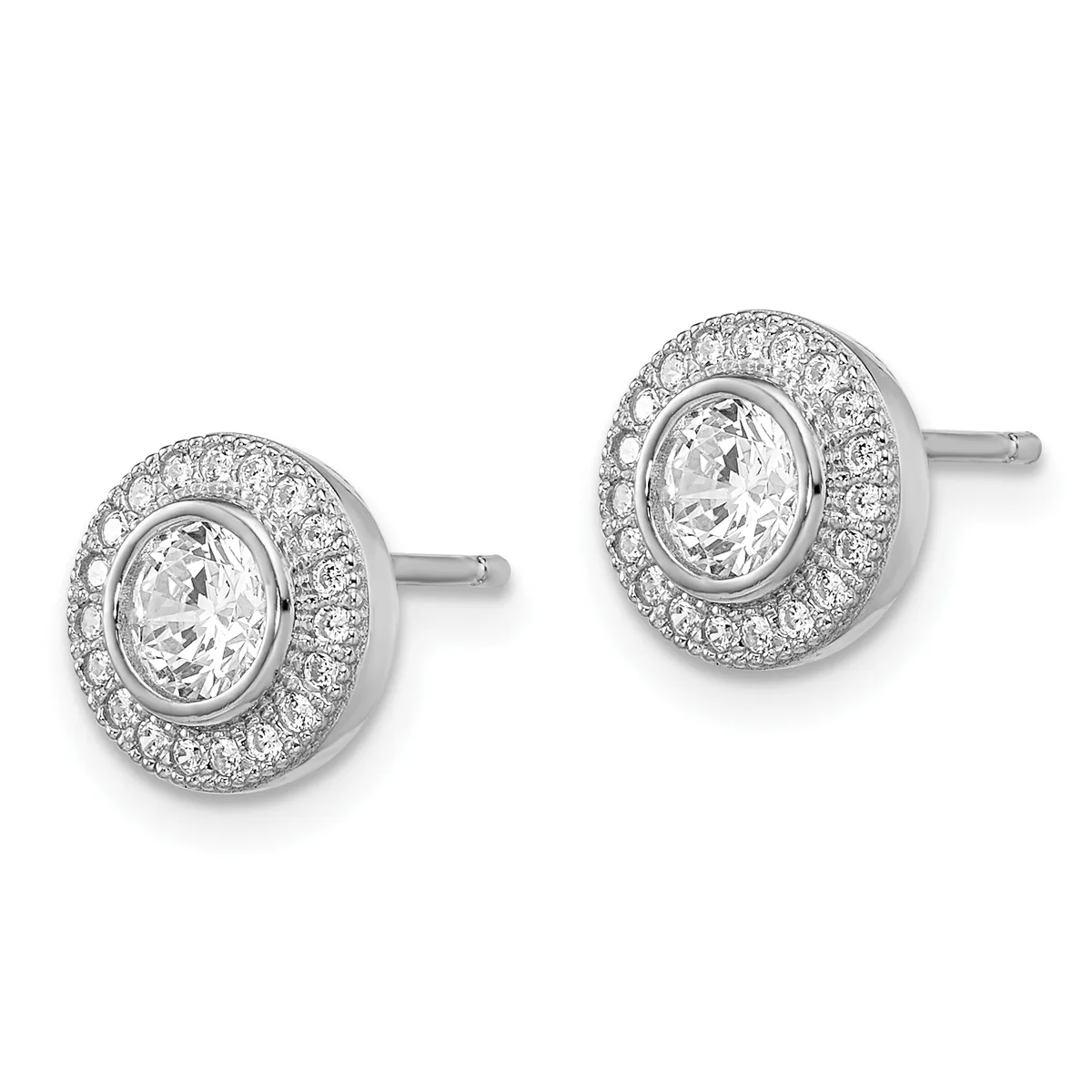 A pair of silver stud earrings featuring oval-cut clear gemstones surrounded by halos of smaller diamonds in a bezel setting.