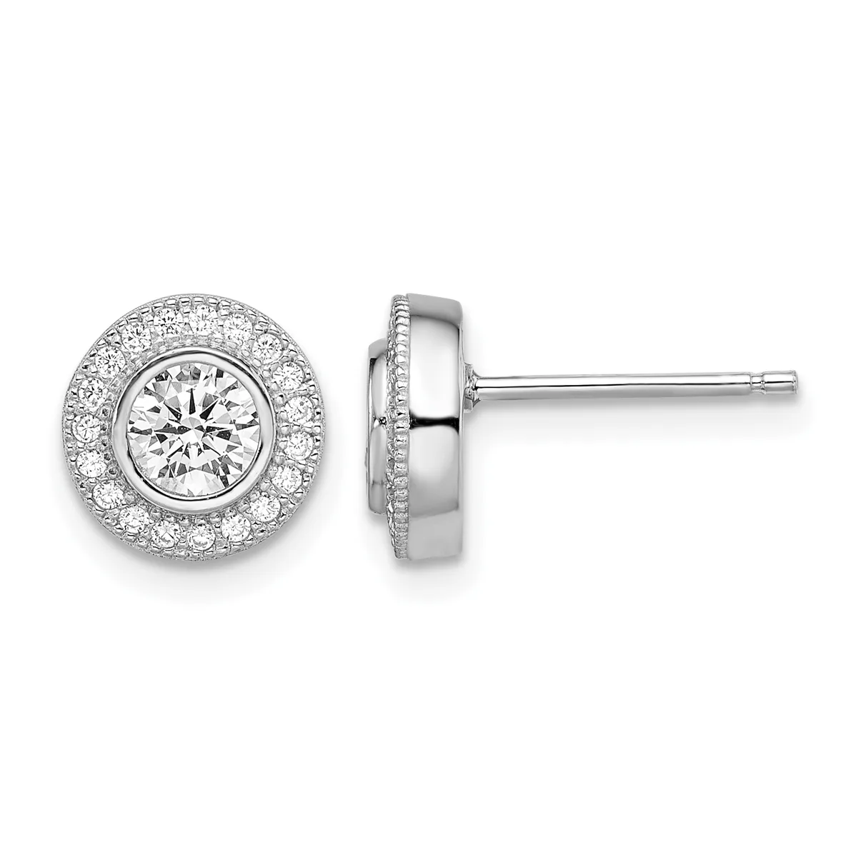 A pair of silver stud earrings featuring round halos of small diamonds surrounding larger center diamonds, shown from front and side views.