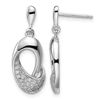 Pair of silver drop earrings with polished oval tops and textured oval pendants featuring crystal or diamond accents, shown from front and side views.