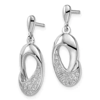 A pair of silver drop earrings with polished oval tops and textured oval bottoms featuring crystal or diamond accents, displayed side by side.