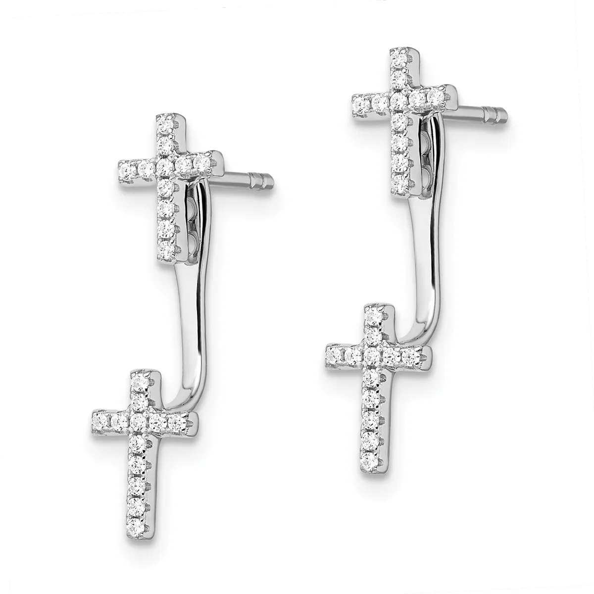 A pair of silver drop earrings with diamond-set cross motifs at top and bottom connected by curved bars, shown from the front.