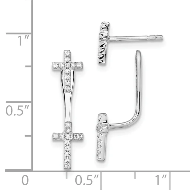 Pair of silver cross earrings with cubic zirconia stones, shown with measurement scale indicating approximately one inch in length.