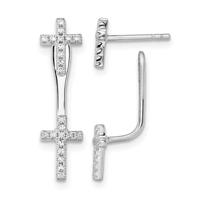 Pair of silver cross earrings with cubic zirconia stones, shown from front and back views, featuring vertical bar posts with curved hook closures.