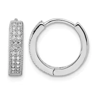 A pair of silver hinged hoop earrings, one shown from the front and one from the side, densely covered with small round diamonds or cubic zirconia stones.