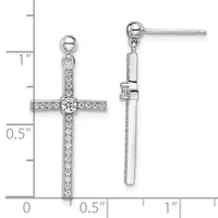 Silver cross dangle earrings with round brilliant diamonds set throughout, shown on a measurement scale indicating approximately one inch in length.