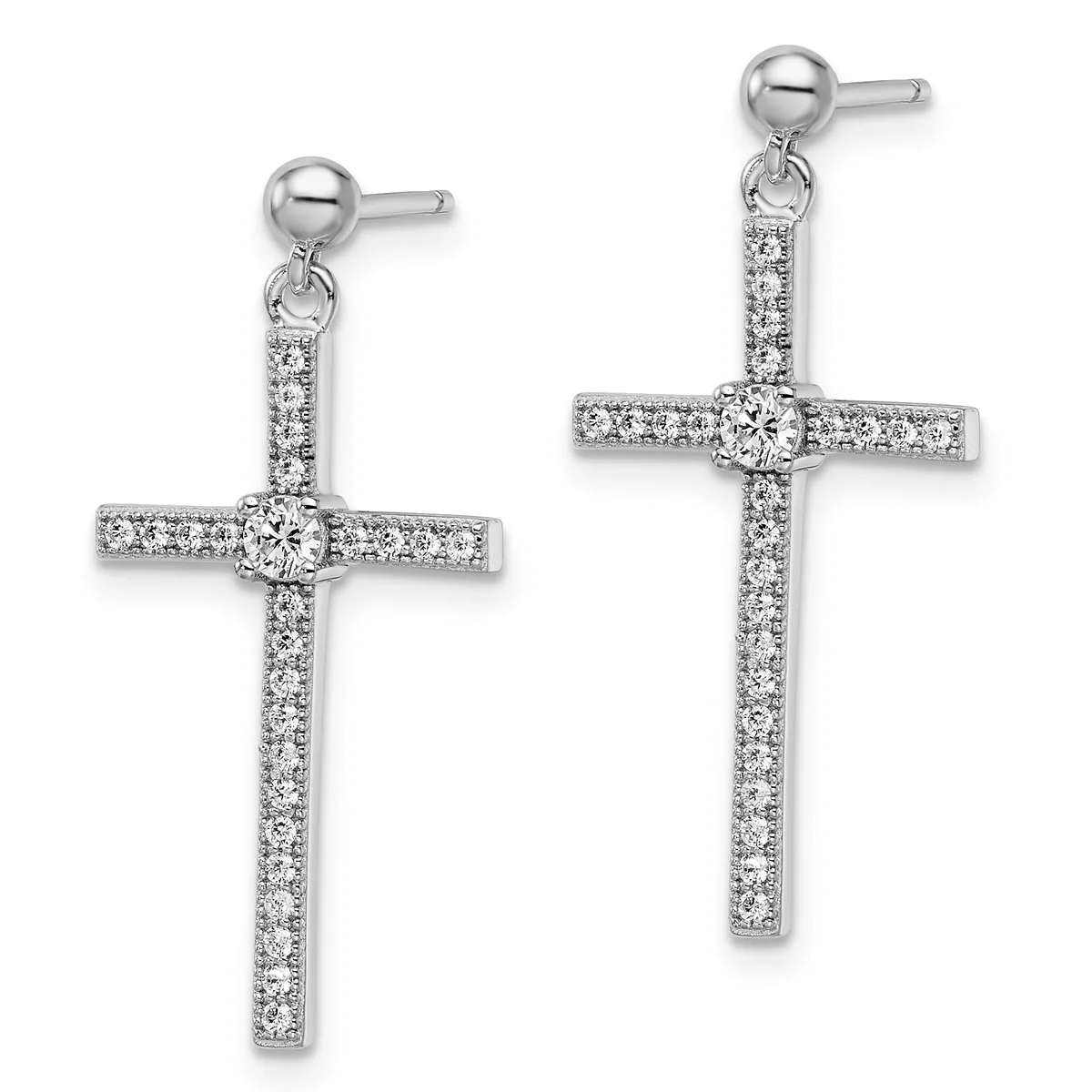 Pair of silver cross-shaped dangle earrings with round stud posts, featuring diamonds set along the vertical and horizontal bars with a larger diamond at the center intersection.