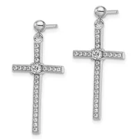 Pair of silver cross-shaped dangle earrings with round stud posts, featuring diamonds set along the vertical and horizontal bars with a larger diamond at the center intersection.