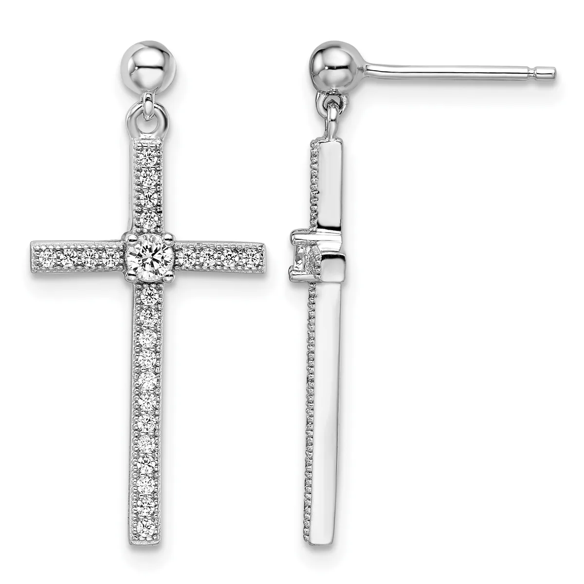 Pair of silver cross dangle earrings with round ball posts, featuring diamond-set vertical bars and horizontal crossbars, shown from front and back views.
