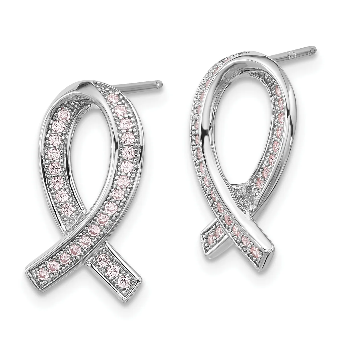 Pair of silver ribbon-shaped stud earrings with clear and pink cubic zirconia stones set throughout, shown from front and side angles.