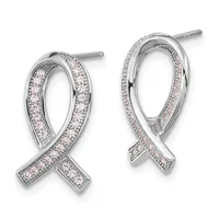 Pair of silver ribbon-shaped stud earrings with clear and pink cubic zirconia stones set throughout, shown from front and side angles.