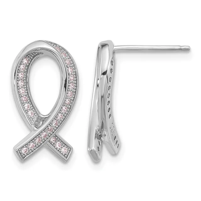 A pair of silver ribbon-shaped stud earrings with pavé-set pink and white crystals along the twisted band, shown from front and side views.