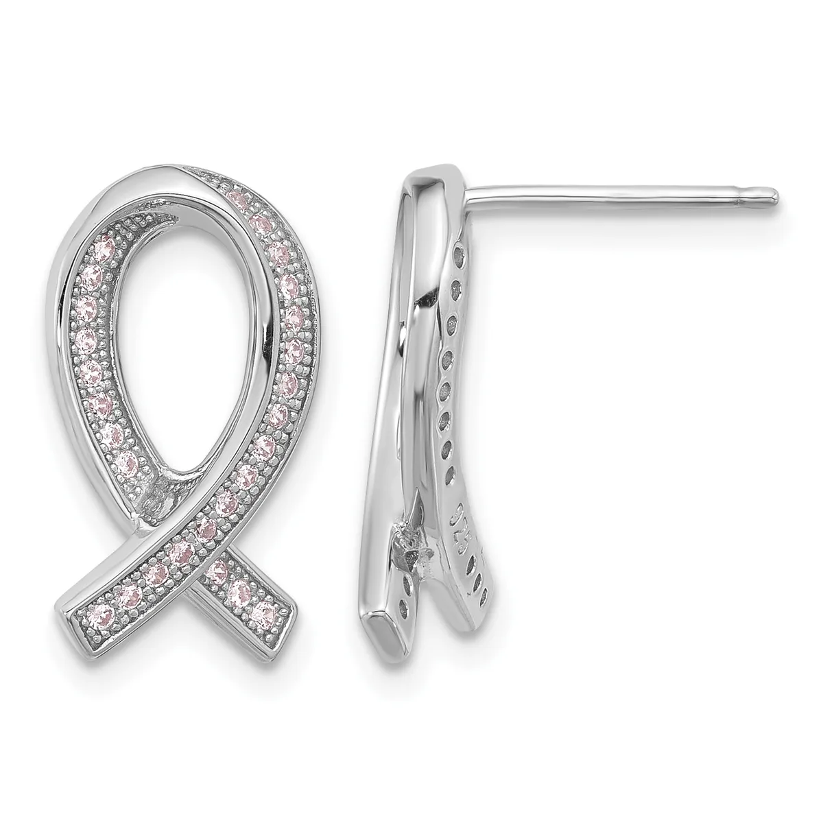 A pair of silver ribbon-shaped stud earrings with pavé-set pink and white crystals along the twisted band, shown from front and side views.