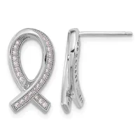 A pair of silver ribbon-shaped stud earrings with pavé-set pink and white crystals along the twisted band, shown from front and side views.