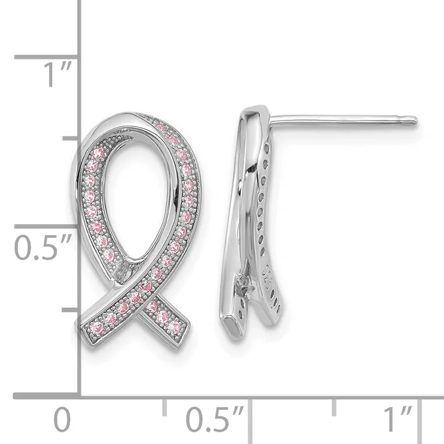 Pair of silver ribbon-shaped stud earrings with pink gemstones set along the curved edges, shown front and side view with measurement scale.