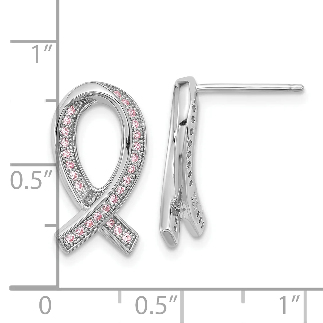 Pair of silver ribbon-shaped stud earrings with pink gemstones set along the curved edges, shown front and side view with measurement scale.