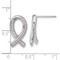 Pair of silver ribbon-shaped stud earrings with pink gemstones set along the curved edges, shown front and side view with measurement scale.