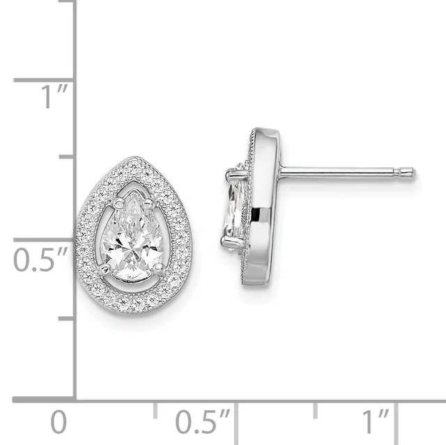 Pair of silver stud earrings featuring oval-cut clear stones surrounded by smaller pavé stones, shown front and side view with measurement scale.