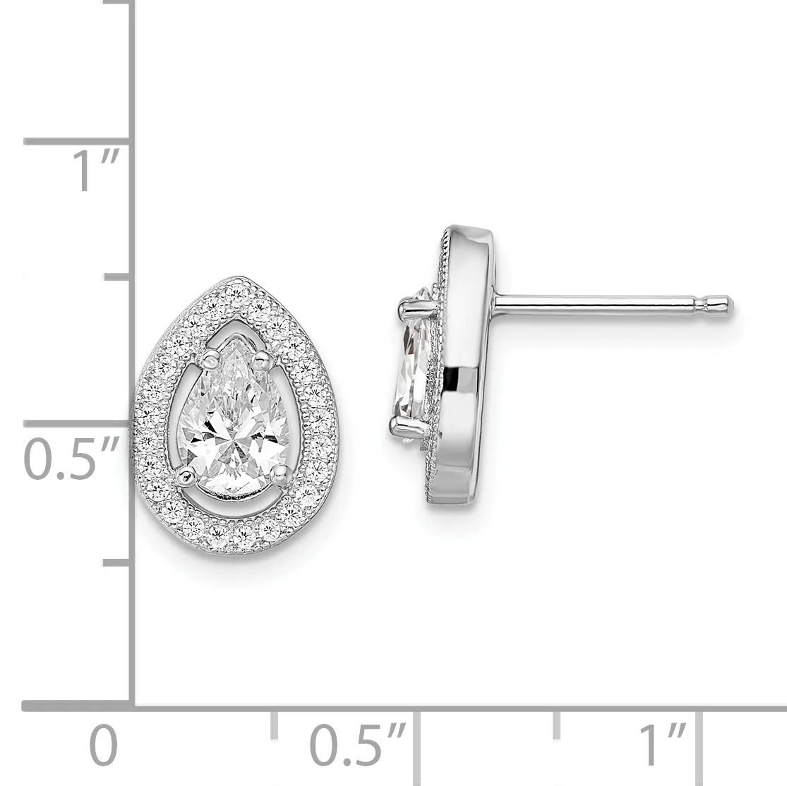 Pair of silver stud earrings featuring oval-cut clear stones surrounded by smaller pavé stones, shown front and side view with measurement scale.