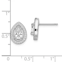 Pair of silver stud earrings featuring oval-cut clear stones surrounded by smaller pavé stones, shown front and side view with measurement scale.