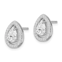 A pair of teardrop-shaped diamond stud earrings with pear-cut center stones surrounded by pavé-set smaller diamonds in white metal.