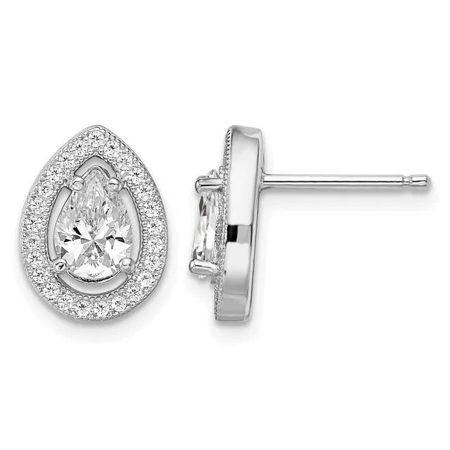 Pair of silver teardrop stud earrings, each featuring a central pear-shaped diamond surrounded by a halo of smaller diamonds, shown from front and side views.